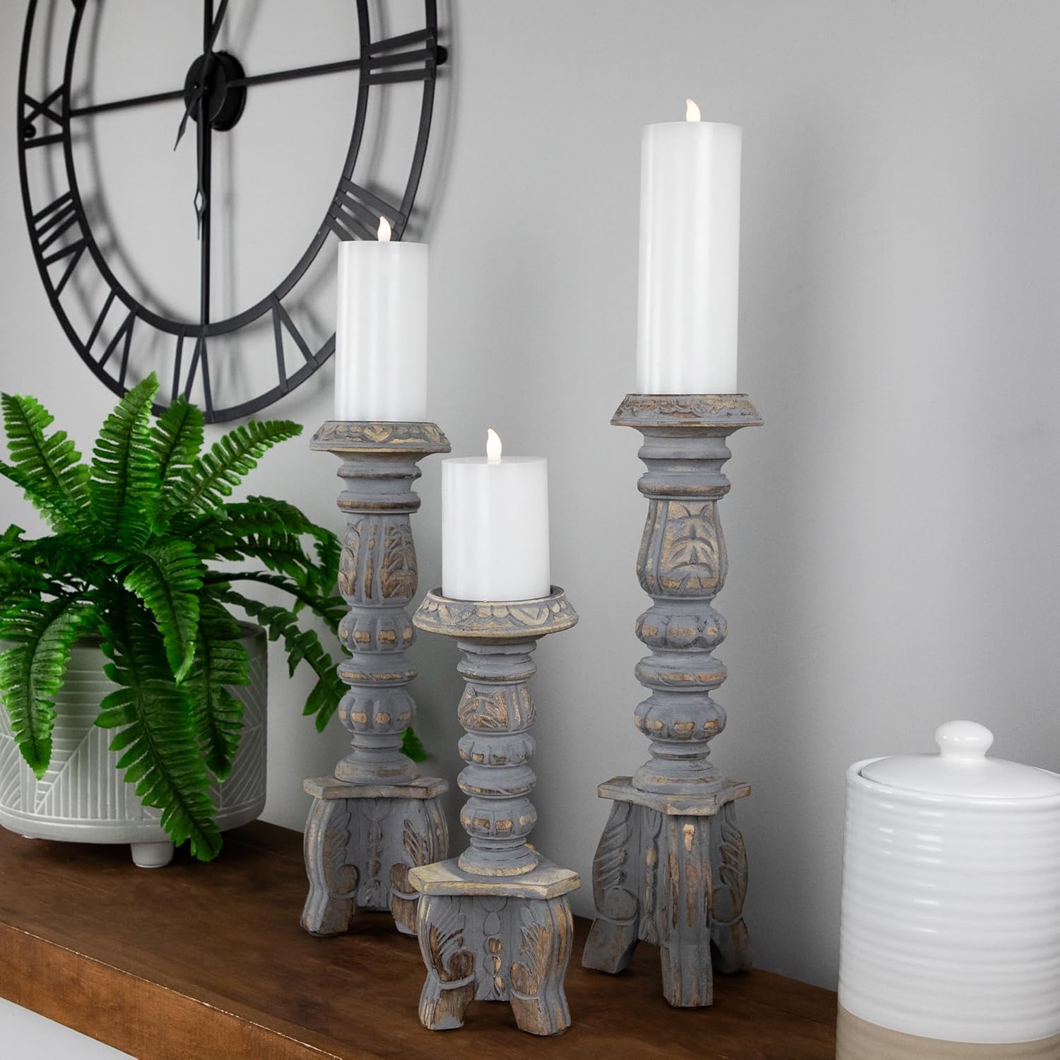 Northlight Set of 3 Brushed Gray Wooden Candle Holders