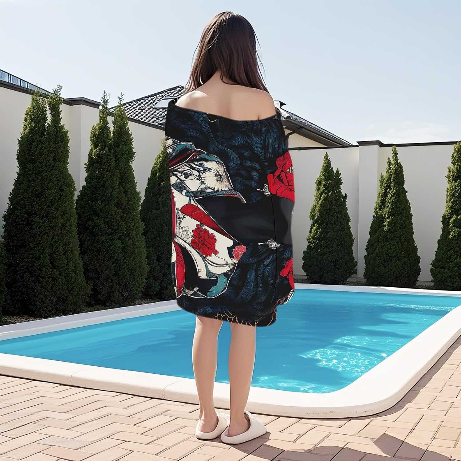 PolXmyxor Magnetic Beach Towel with Buckle Black Red Flowers 27x52