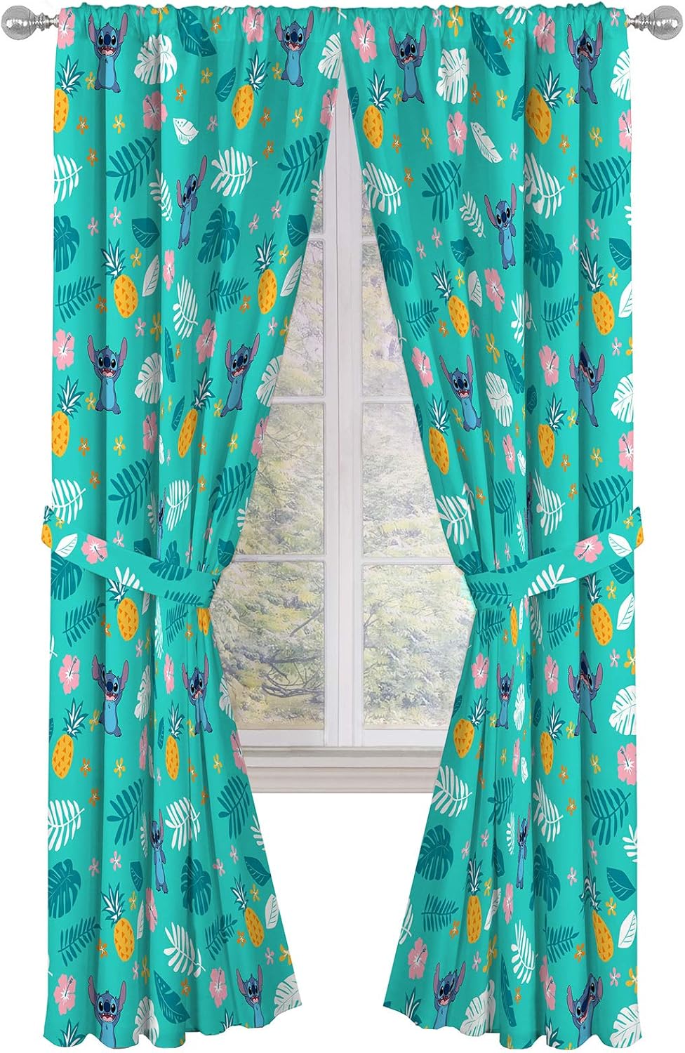 Jay Franco Kids Window Drapes with Tiebacks - Teal Lilo Stitch 84 Inch