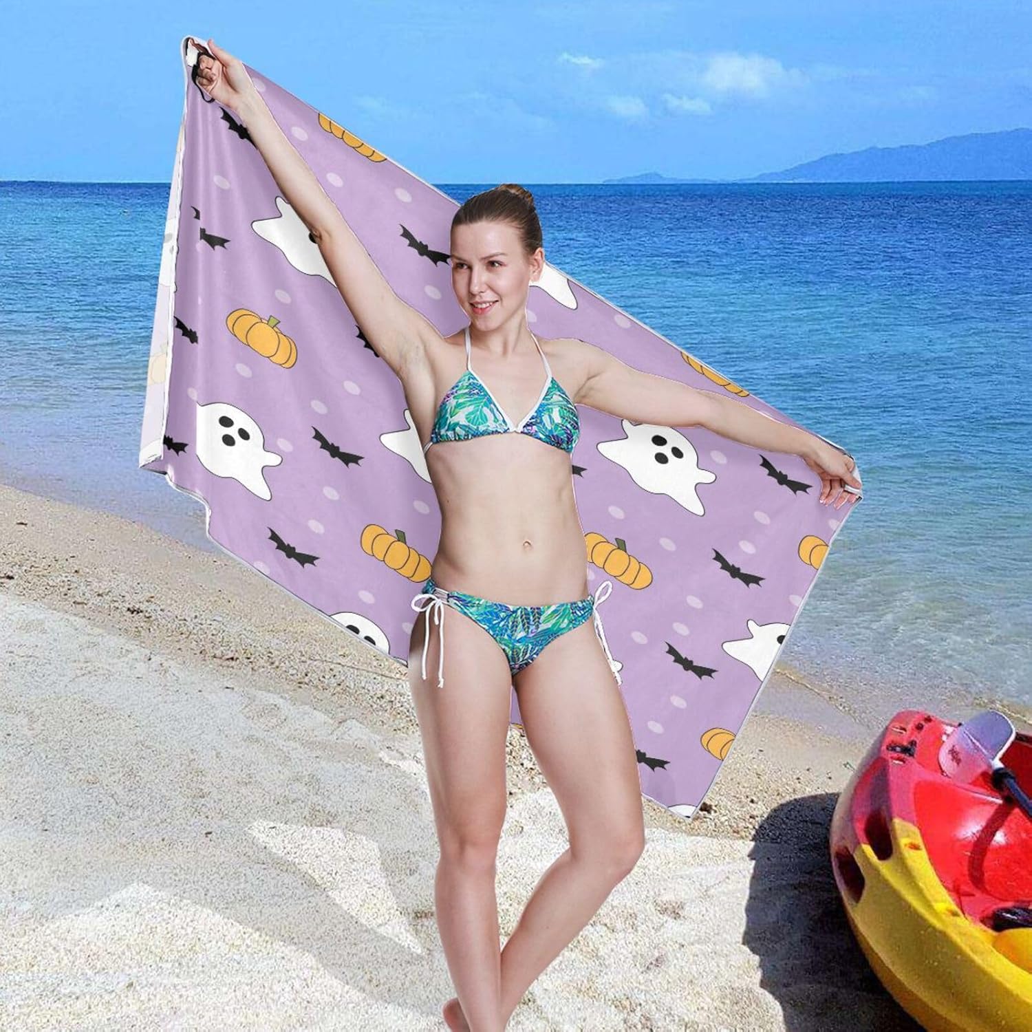 YETTASBIN Halloween Ghost Beach Towel with Travel Bag 1