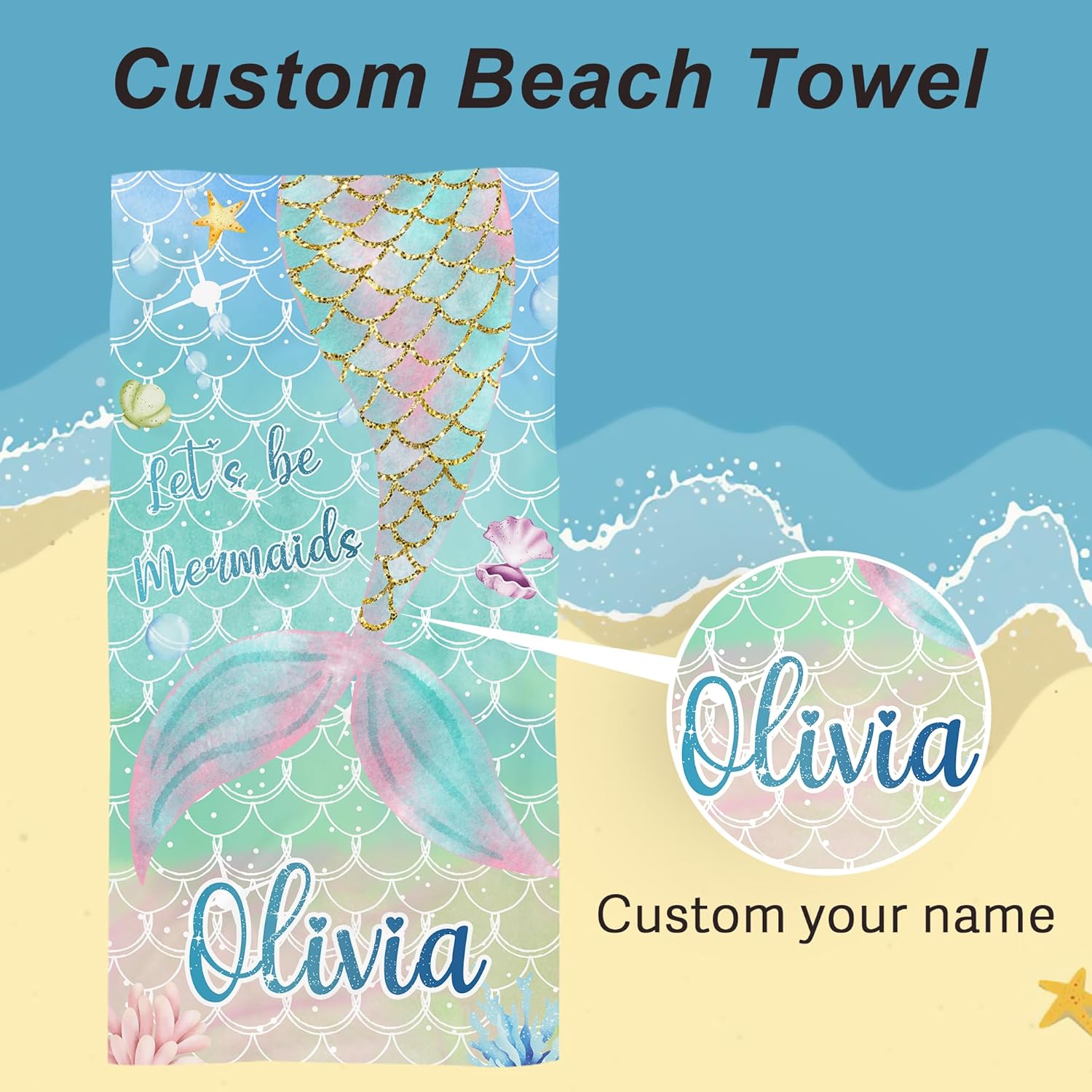 Personalized Oversized Beach Towel with Name for Kids