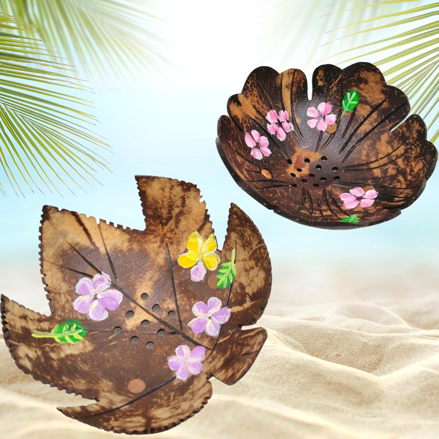 Coconut Shell Soap Dish with Flowers and Zig Zag Leaves 1