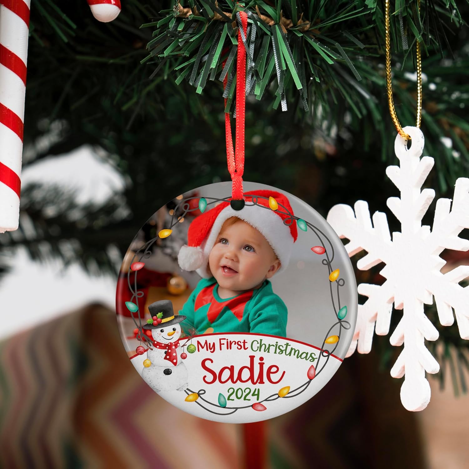Custom Babys First Christmas Ornament 2024 with Photo Name