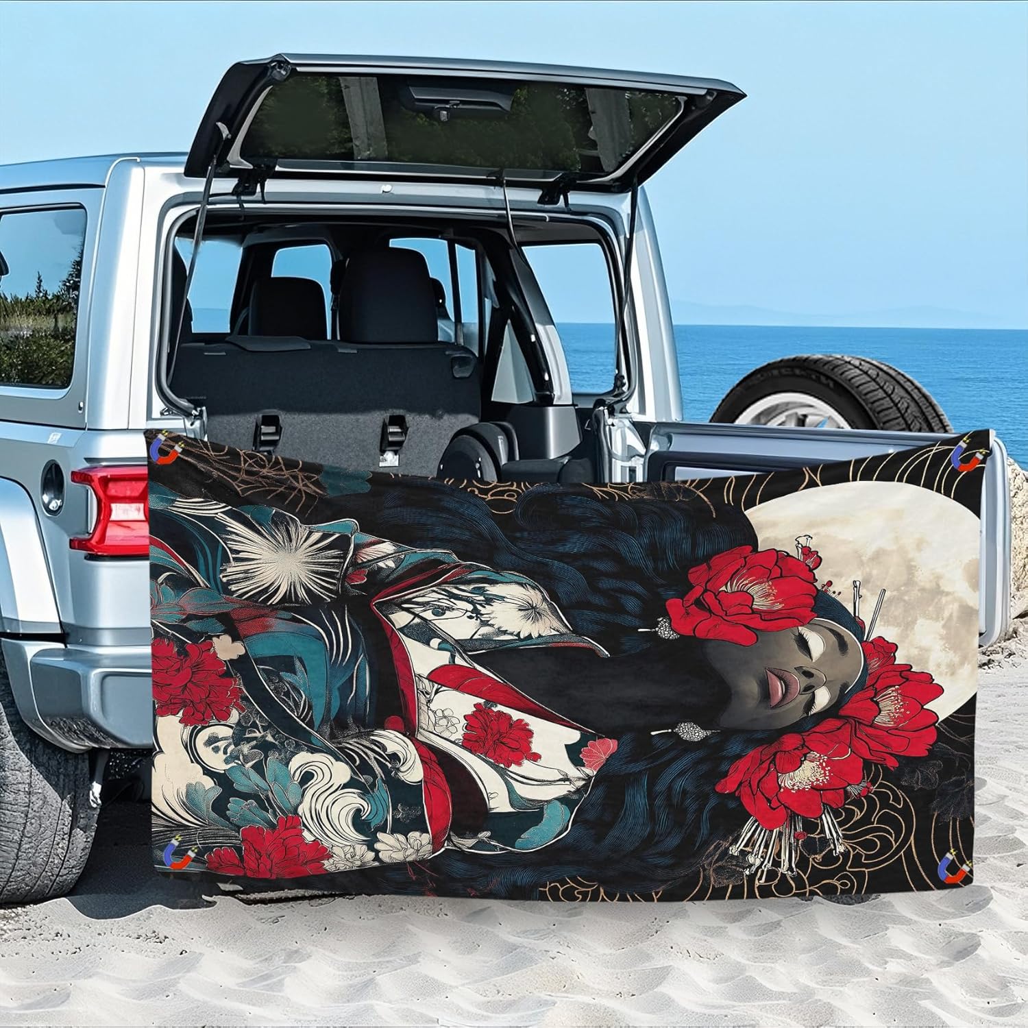 PolXmyxor Magnetic Beach Towel with Buckle Black Red Flowers 27x52