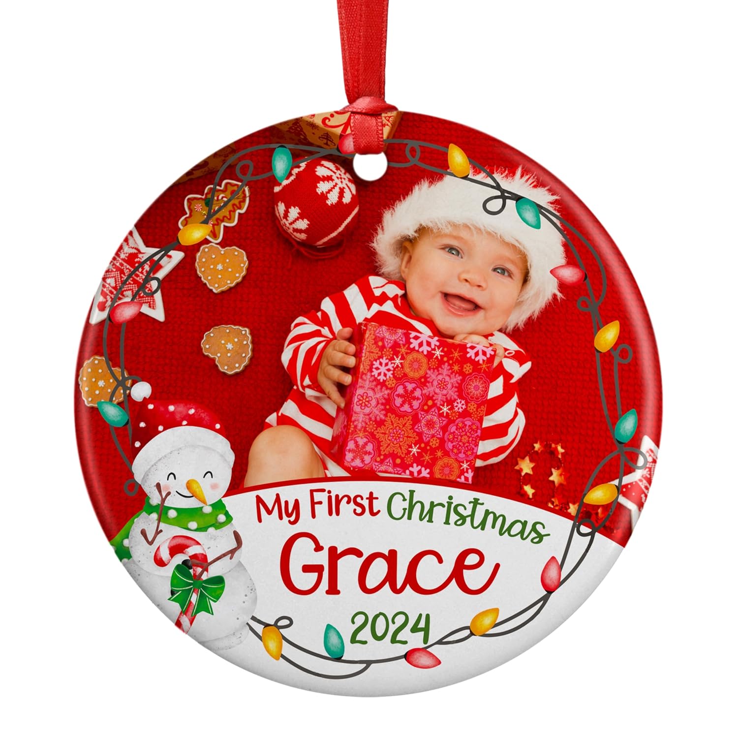 Custom Babys First Christmas Ornament 2024 with Photo Name
