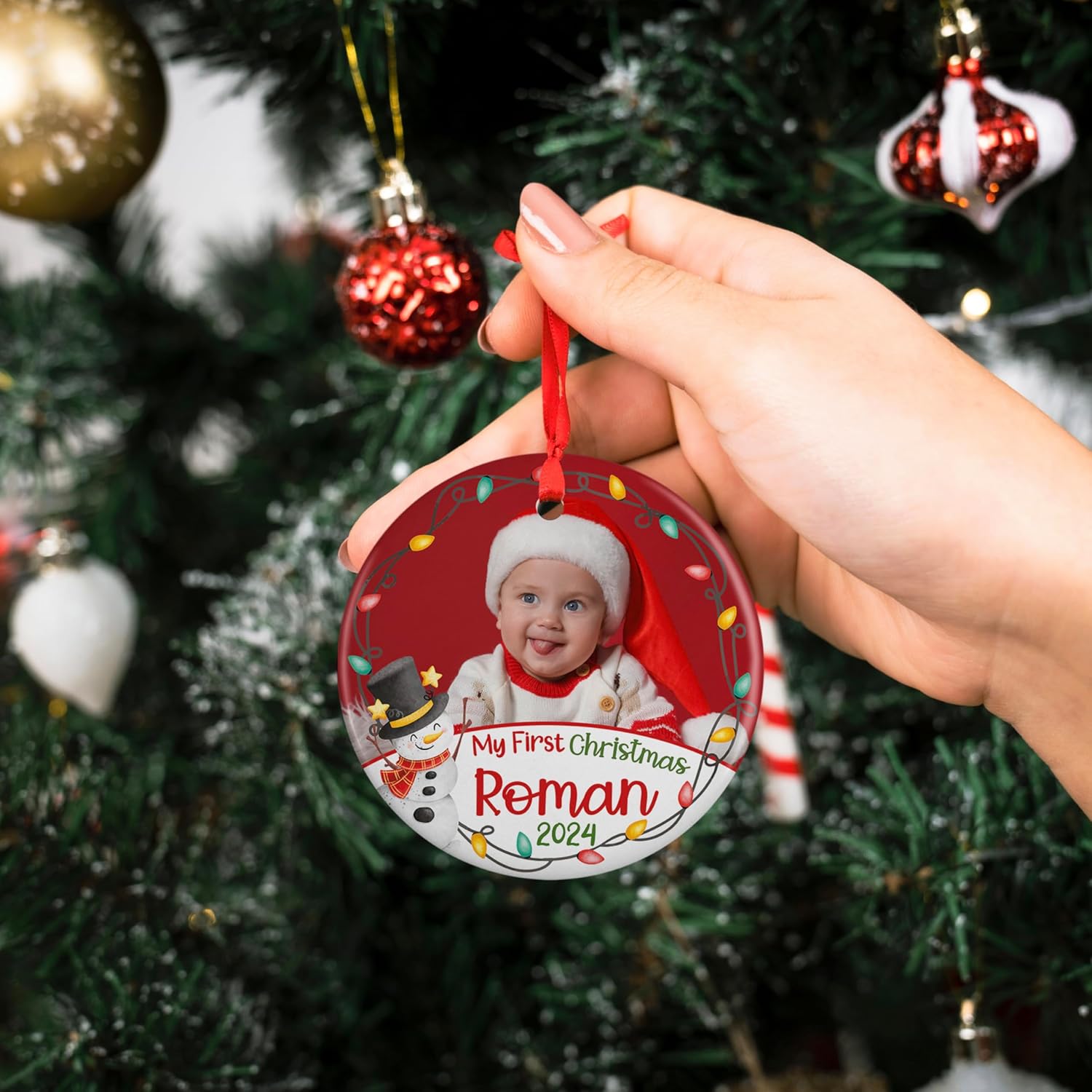 Custom Babys First Christmas Ornament 2024 with Photo Name