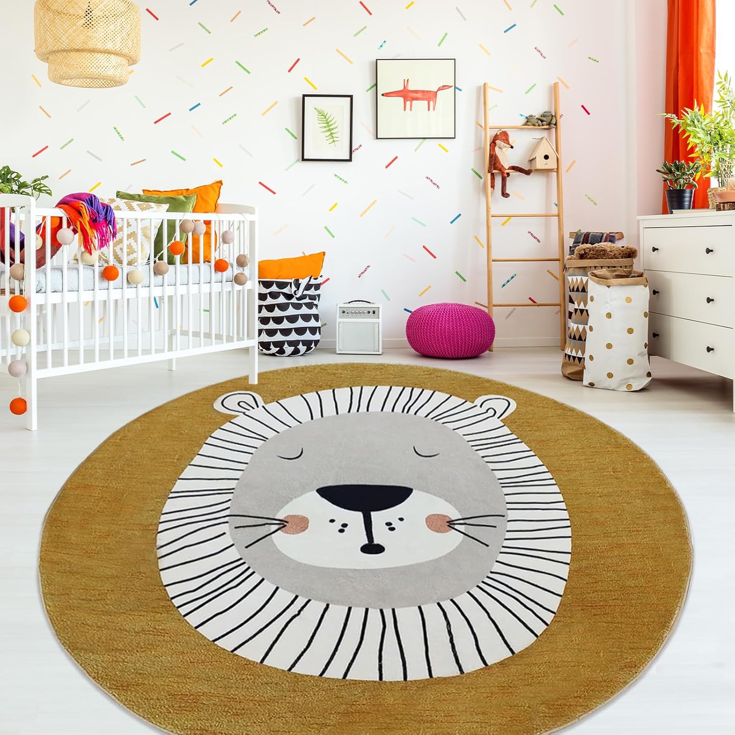 ABREEZE Lion Round Area Rug 6ft Kids Playroom Rug