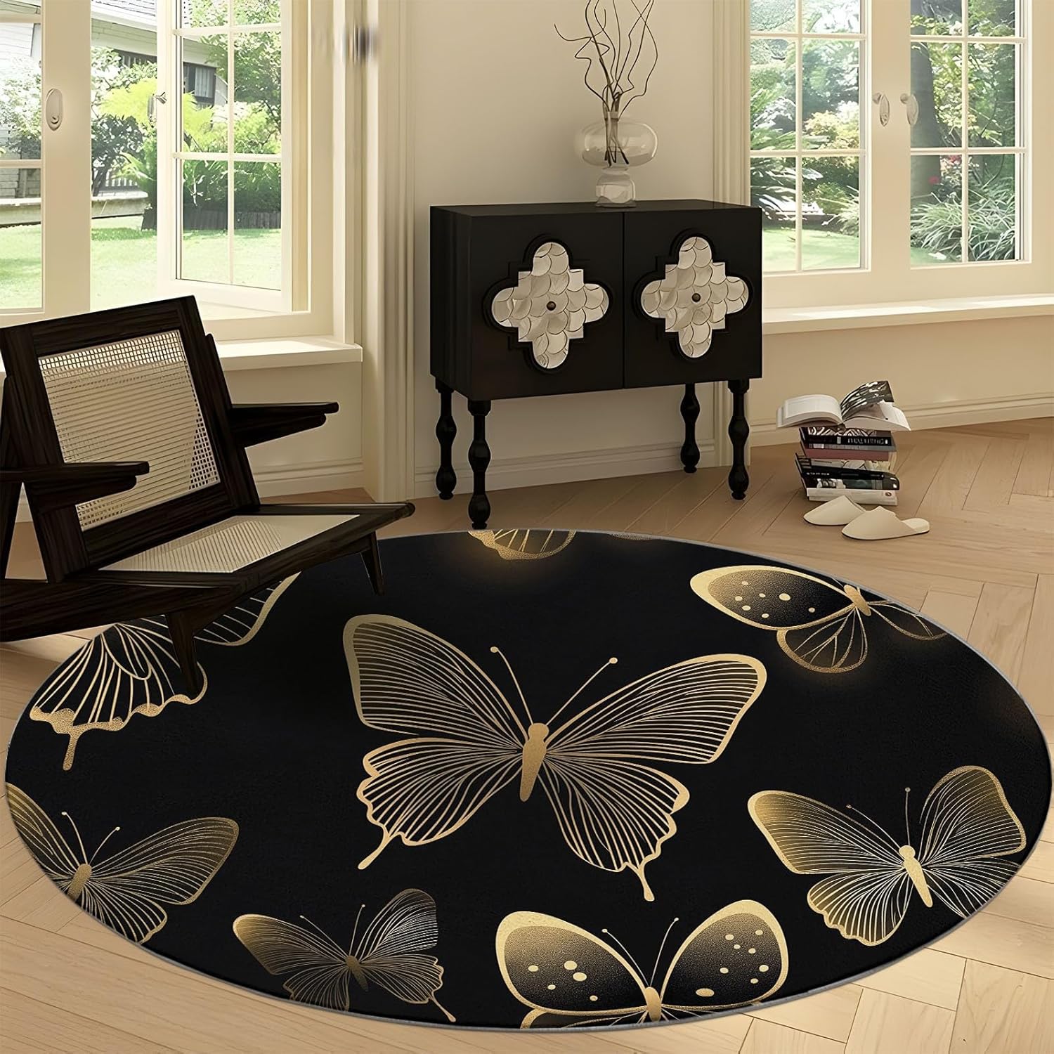 4ft Round Gold Butterfly Faux Wool Area Rug