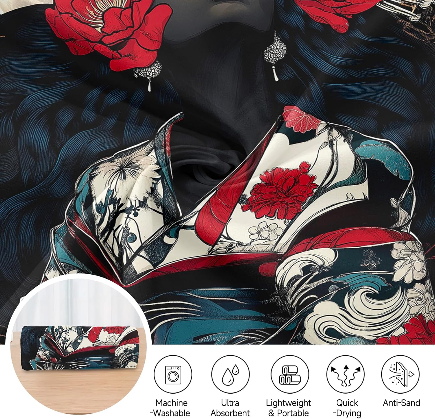PolXmyxor Magnetic Beach Towel with Buckle Black Red Flowers 27x52