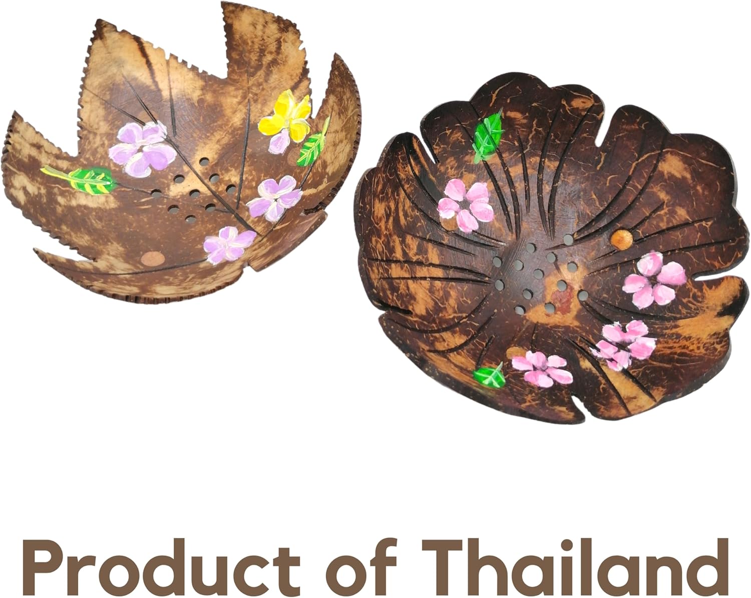 Coconut Shell Soap Dish with Flowers and Zig Zag Leaves 1