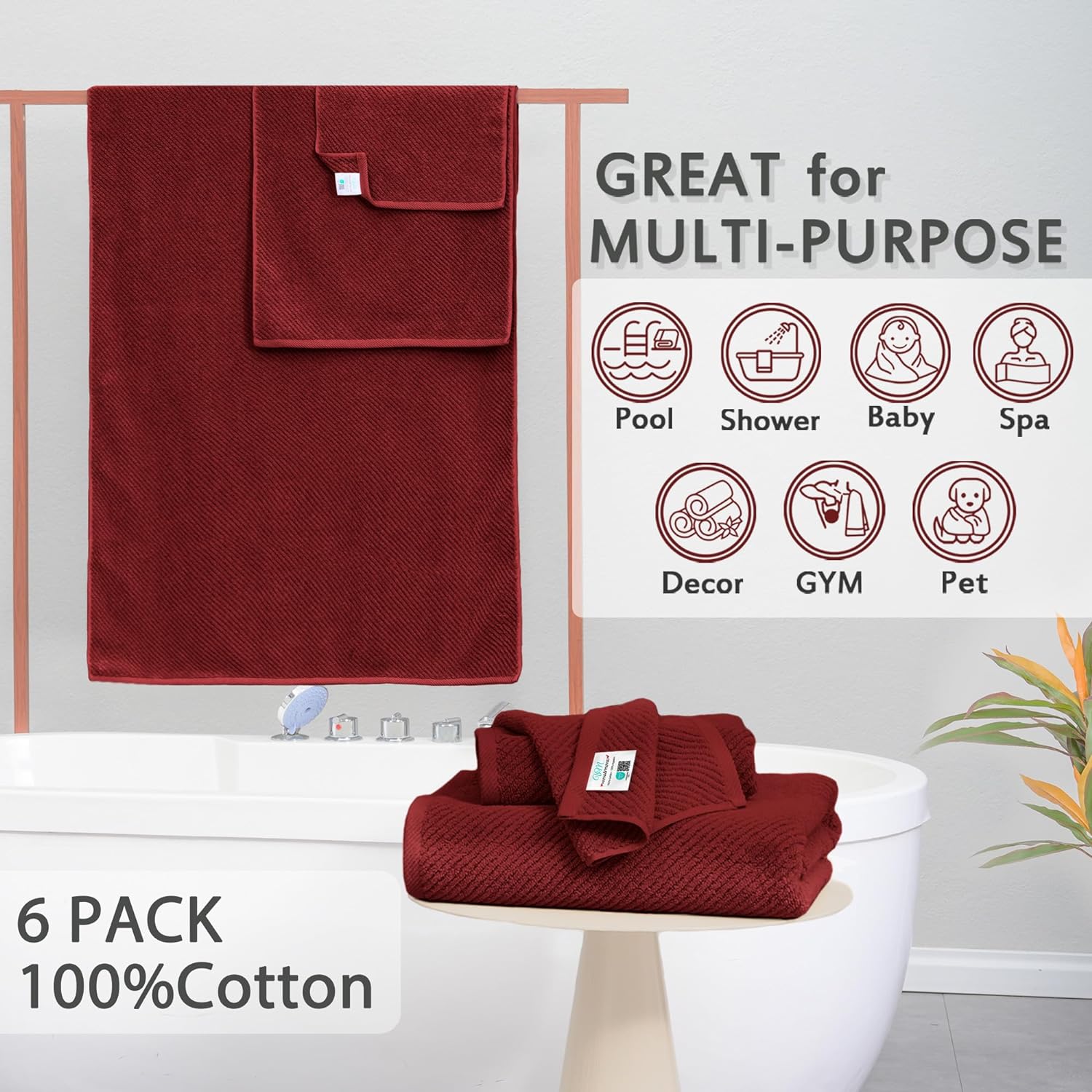 VOOVA MOVAS Red Towel Set - 6 Piece 100 Cotton Quick Dry