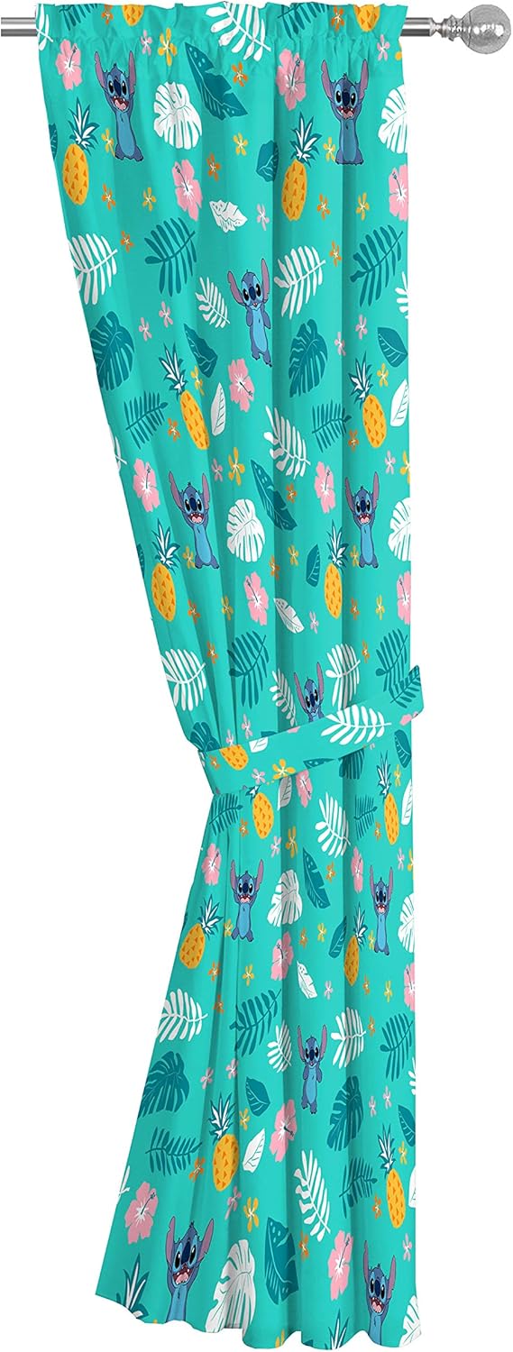 Jay Franco Kids Window Drapes with Tiebacks - Teal Lilo Stitch 84 Inch