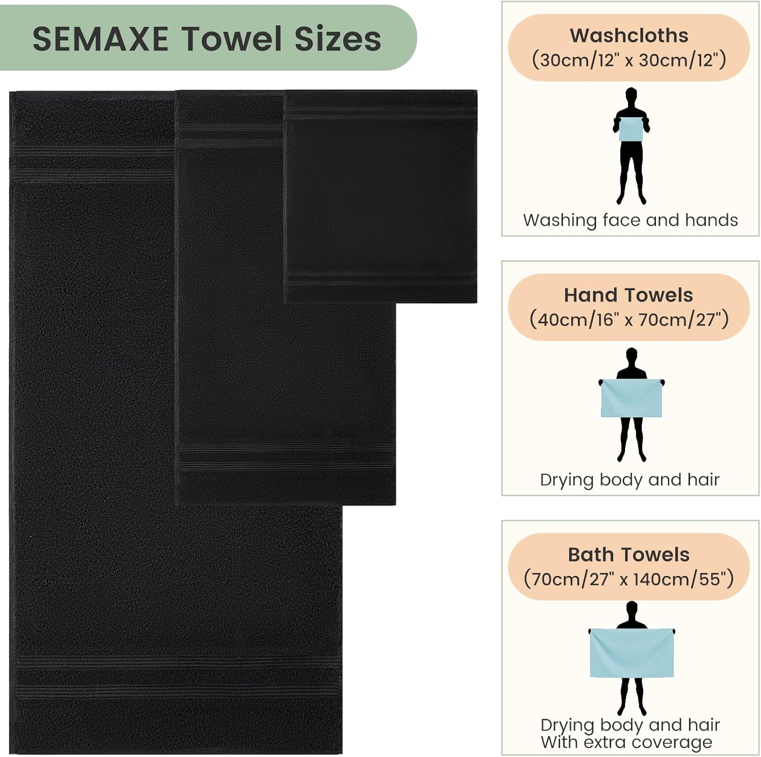 SEMAXE 6-Piece Solid Towel Set - Black 600GSM 100 Cotton
