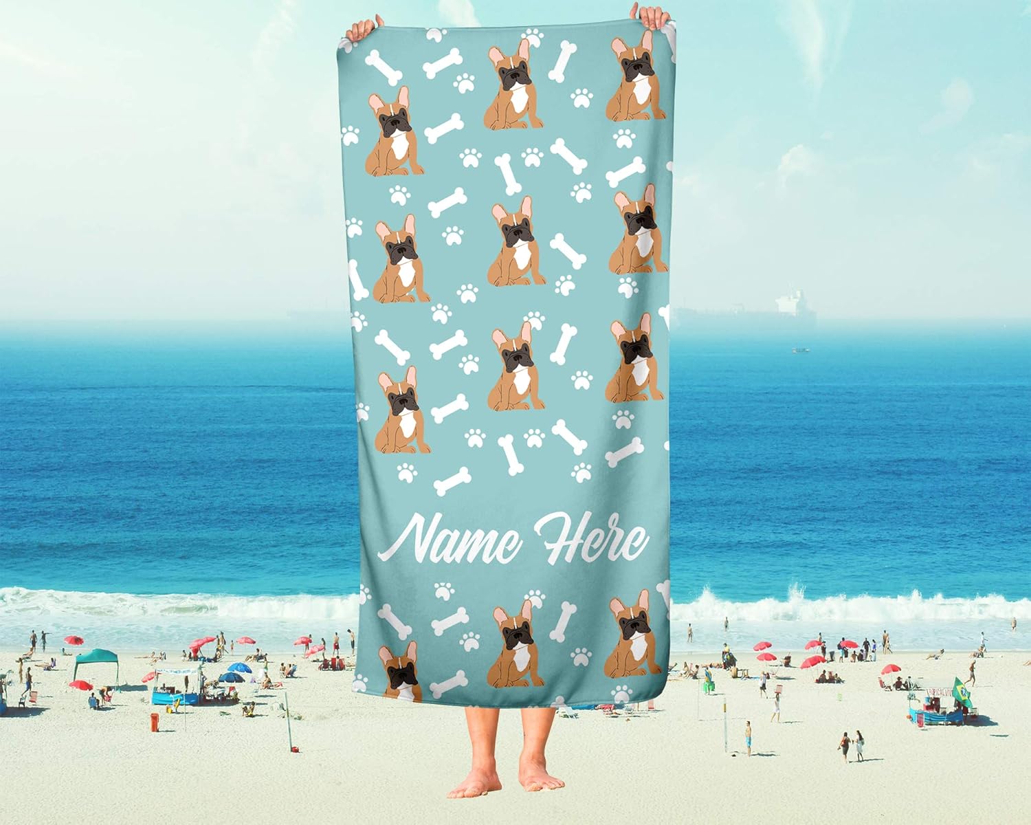 Personalized Brown Frenchie Beach and Bath Towels - Large Medium