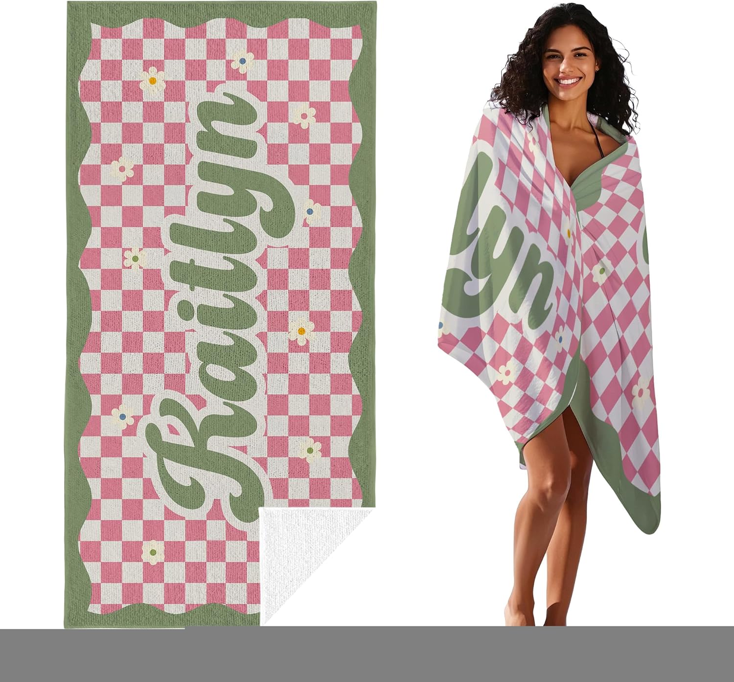 Personalized Beach Towel with Name and Custom Flower Design