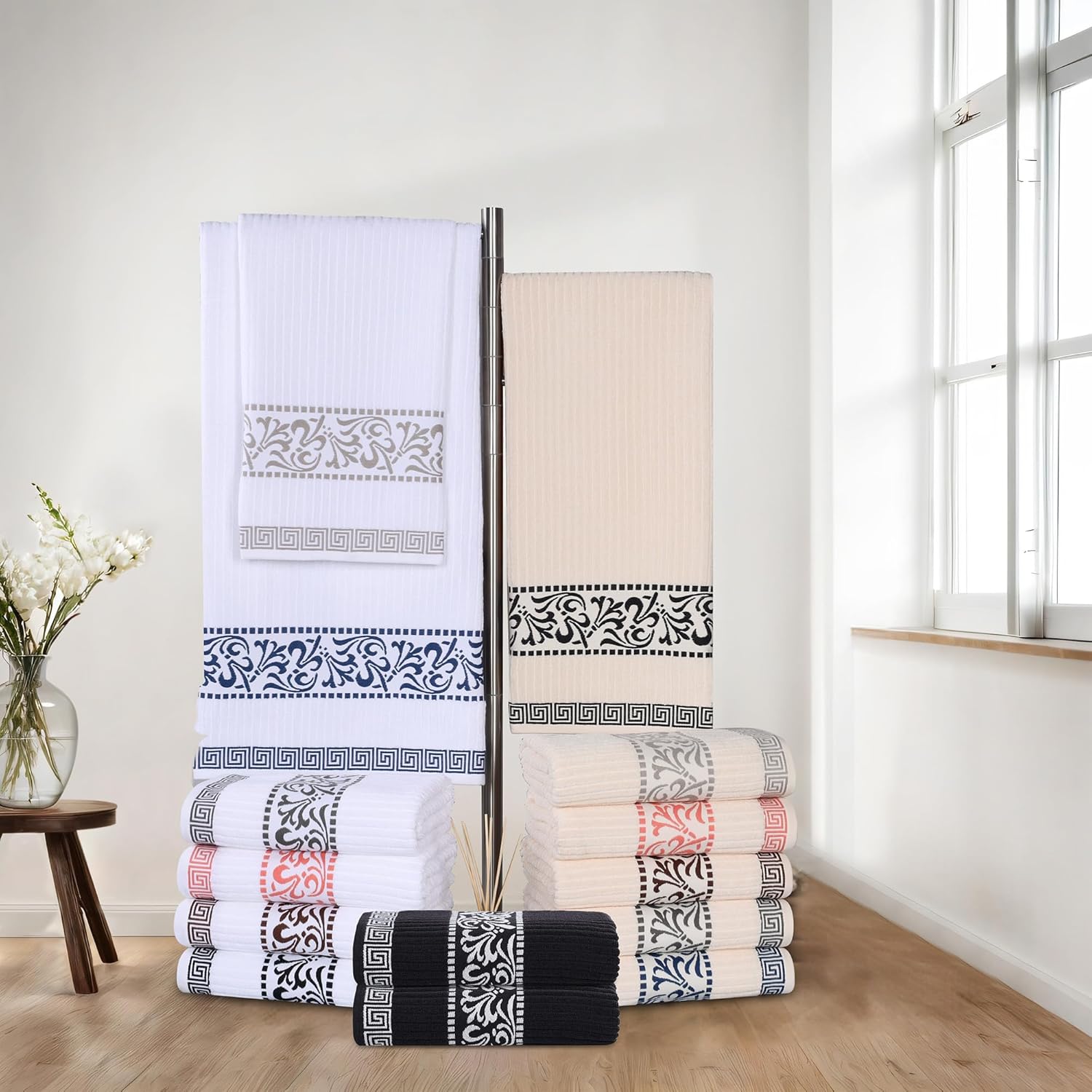 Superior 4-Piece Bath Towel Set with Greek Key Border