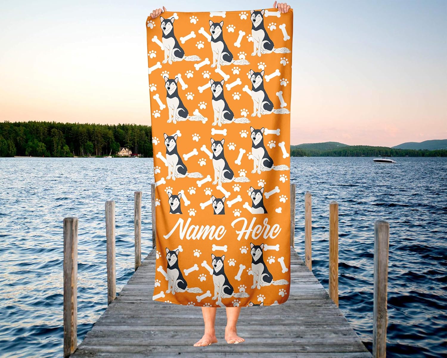Personalized Siberian Husky Beach Towel - Custom Name Design
