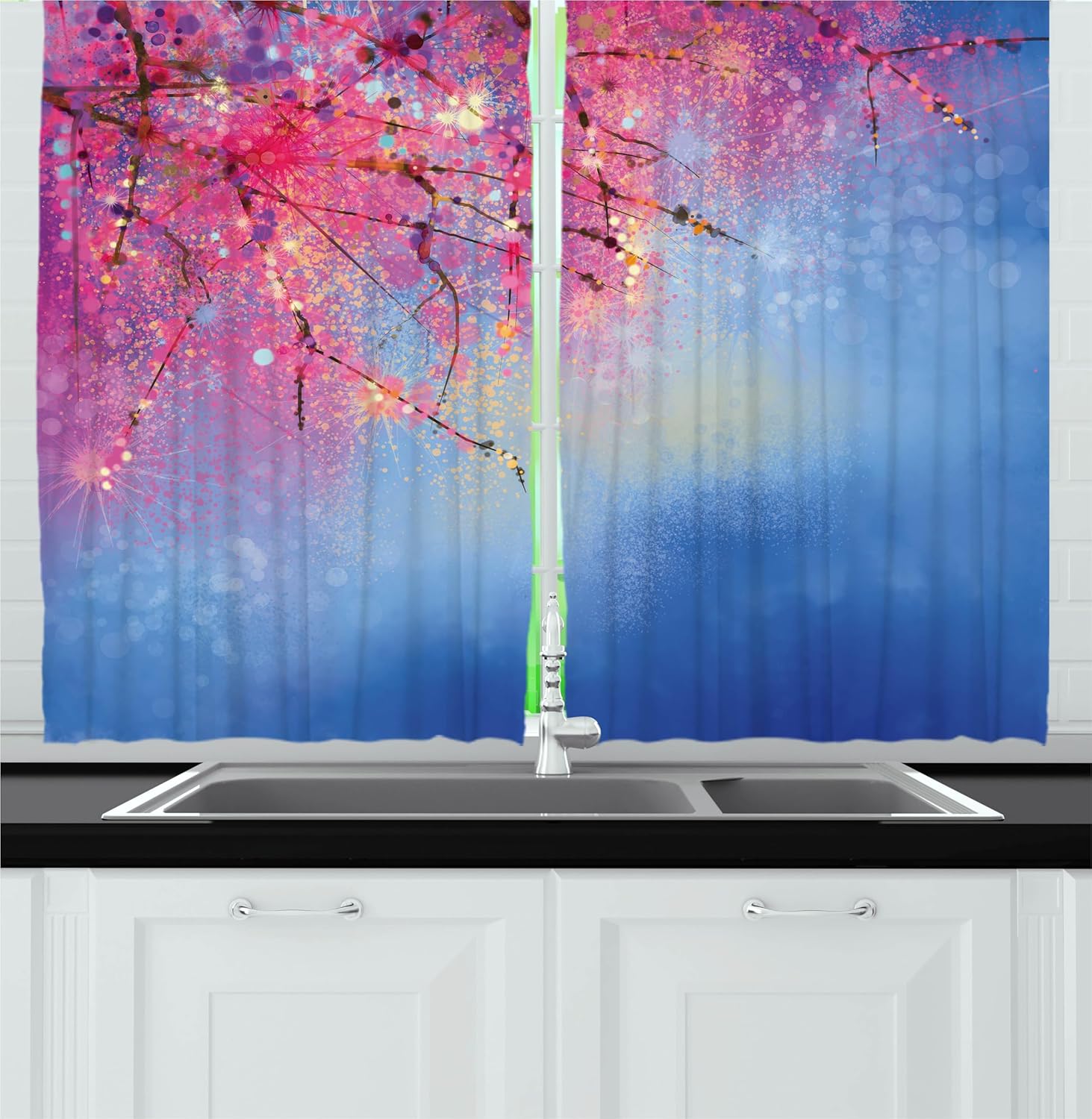 Ambesonne Flower Kitchen Curtains 55 x 30 Blue Pink