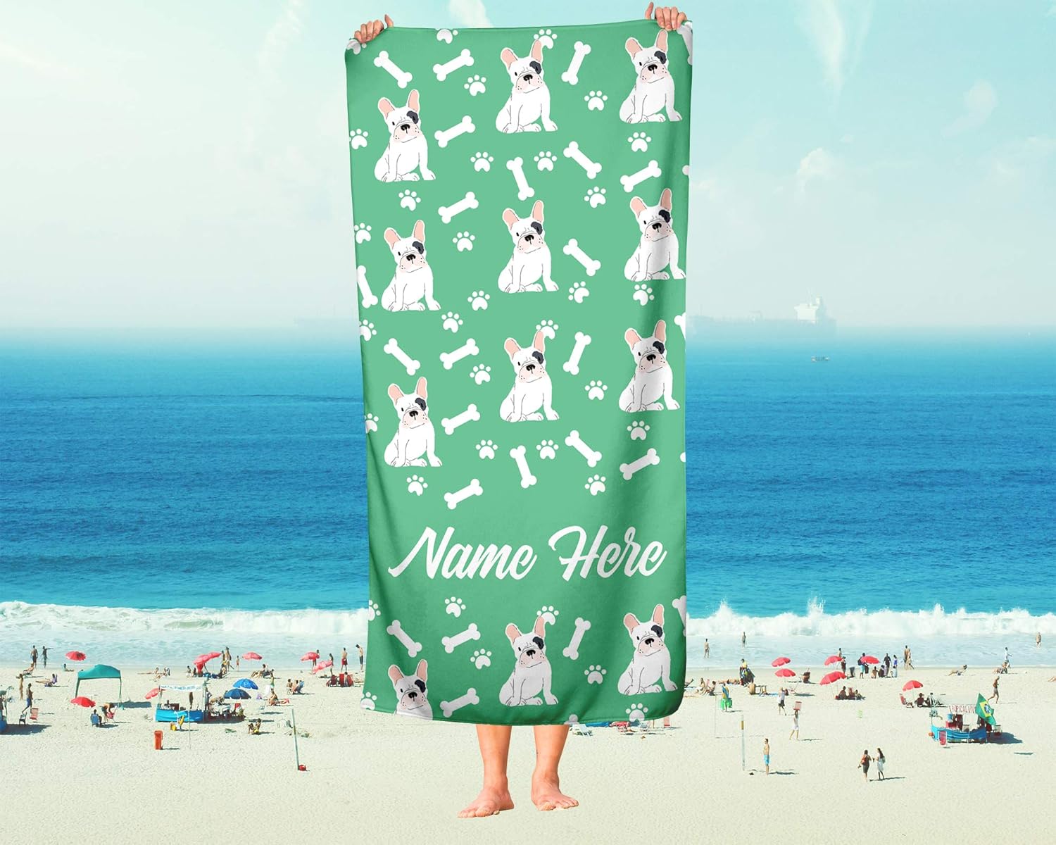 Personalized Spotted French Bulldog Beach Towel - Large Medium