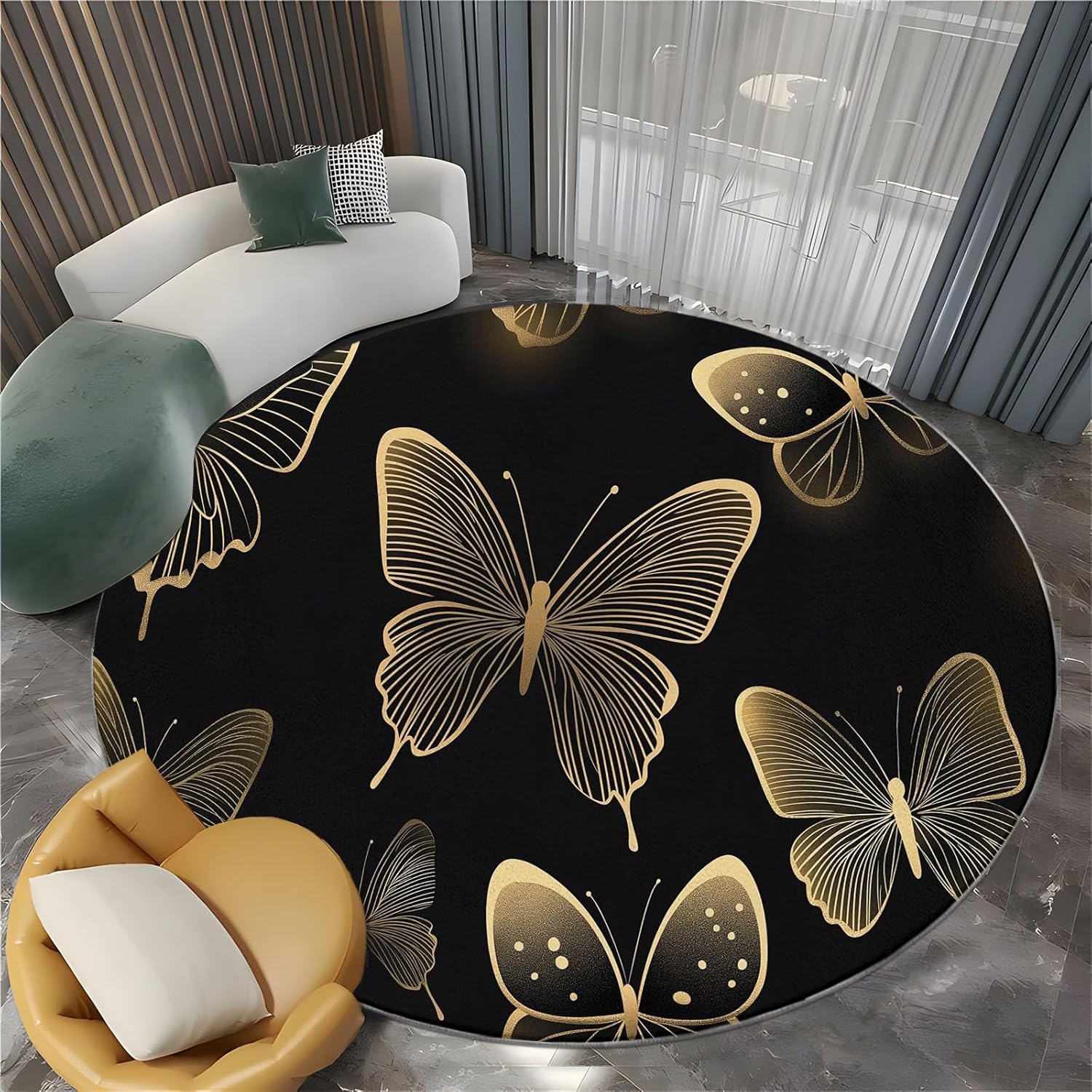 4ft Round Gold Butterfly Faux Wool Area Rug