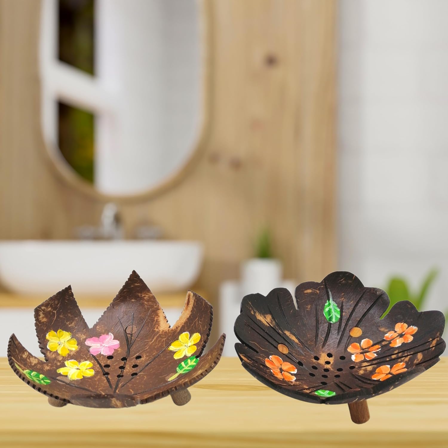 Coconut Shell Soap Dish with Flowers and Zig Zag Leaves 1