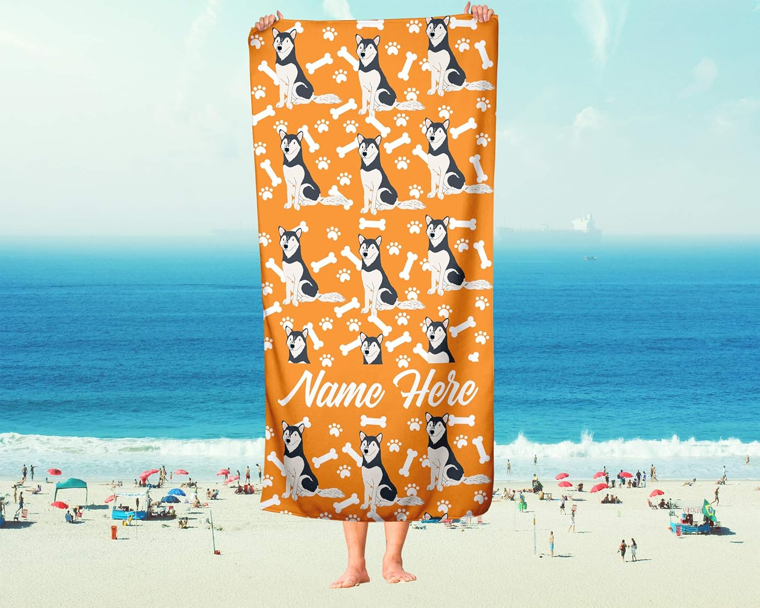 Personalized Siberian Husky Beach Towel - Custom Name Design
