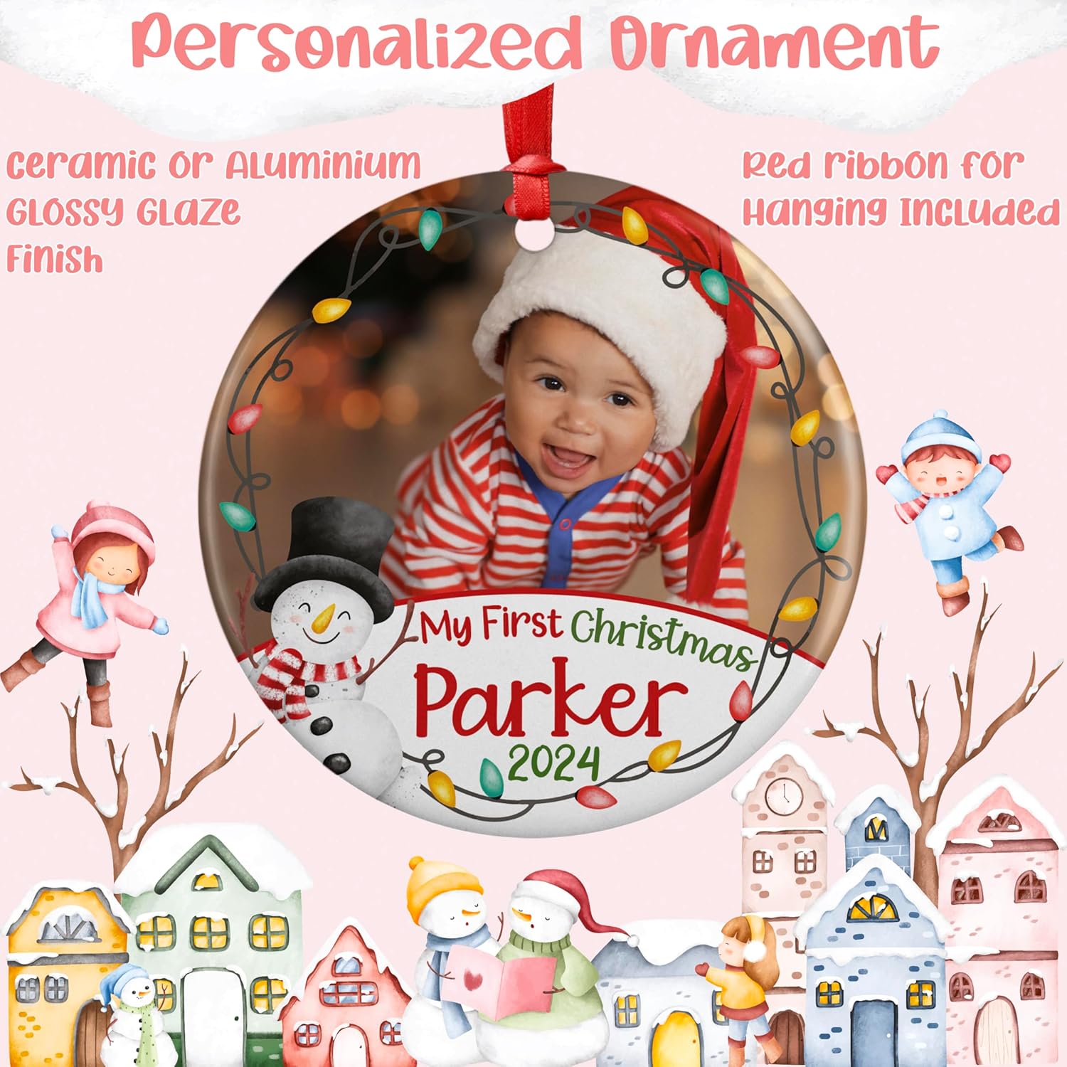 Custom Babys First Christmas Ornament 2024 with Photo Name