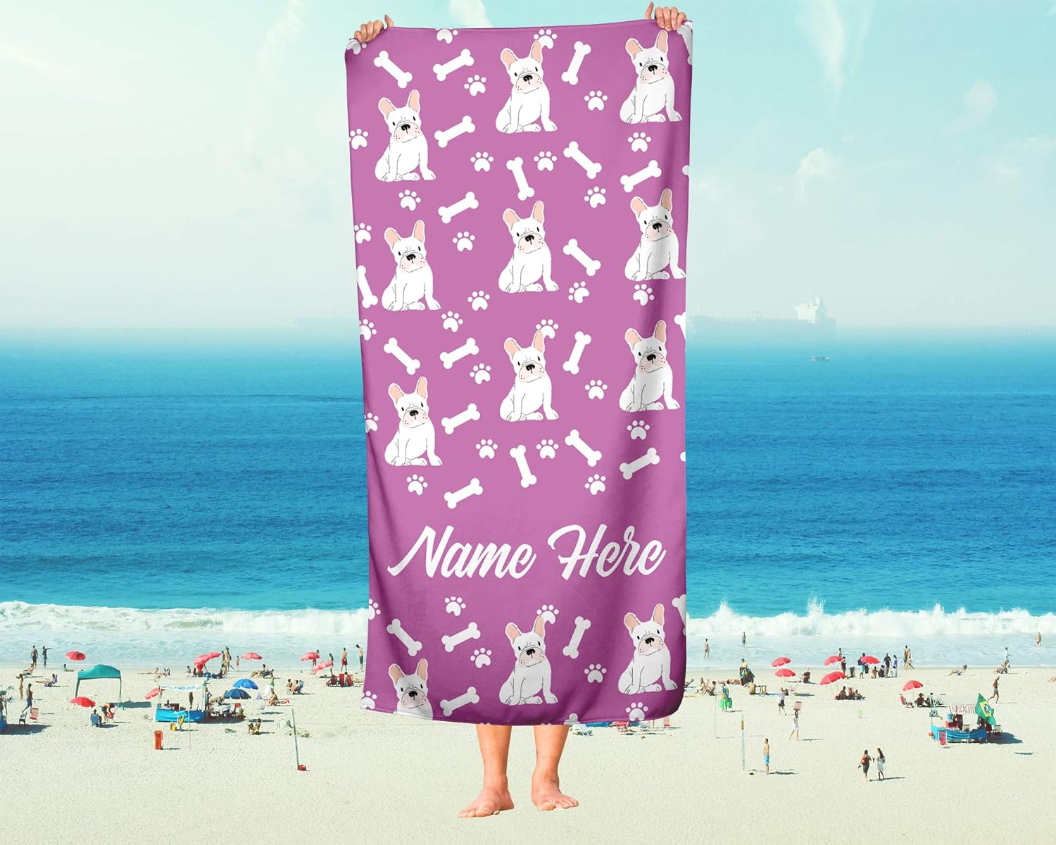Personalized White French Bulldog Pattern Bath Towels - Large Medium