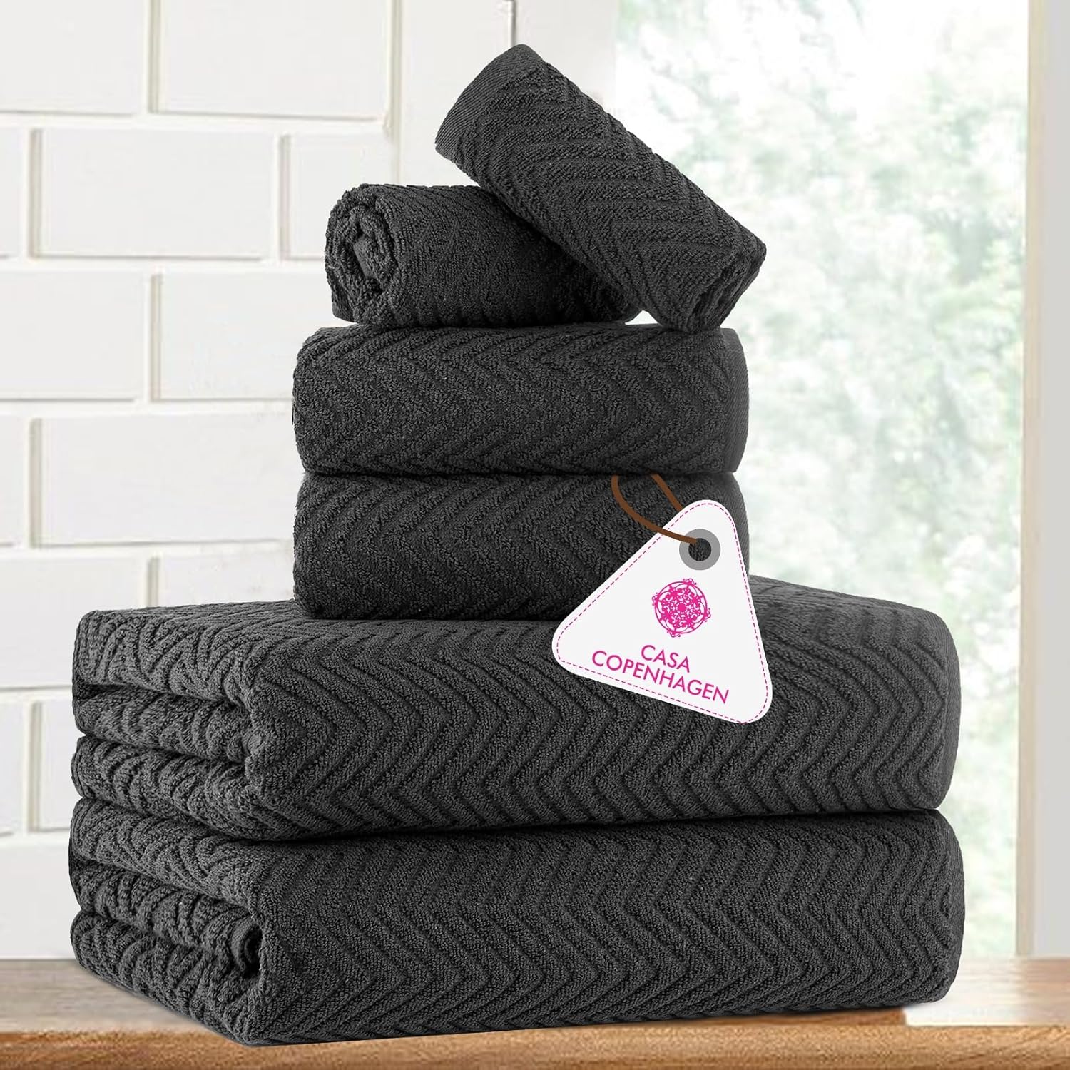 CASA COPENHAGEN Wave Textured 6-Piece Towel Set - Pine Grey