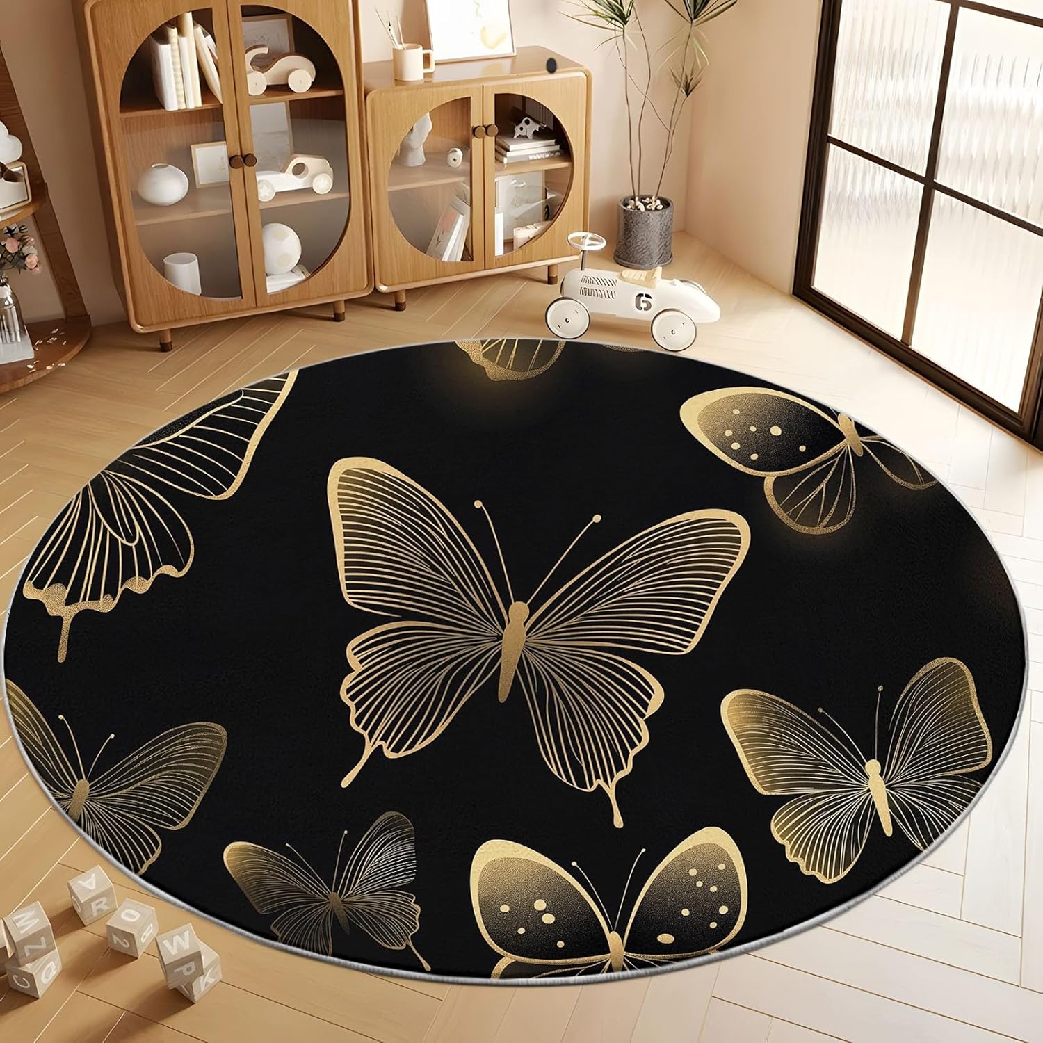 4ft Round Gold Butterfly Faux Wool Area Rug