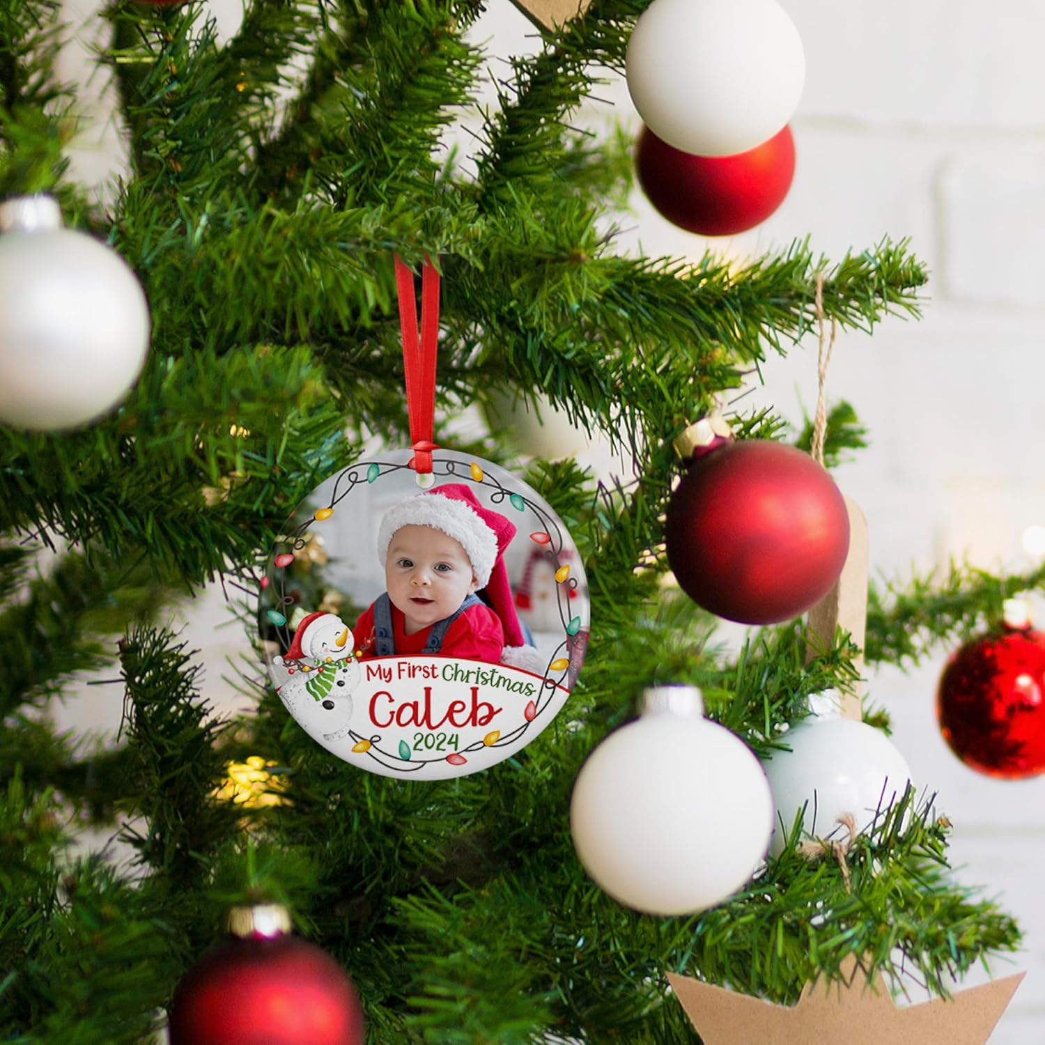 Custom Babys First Christmas Ornament 2024 with Photo Name