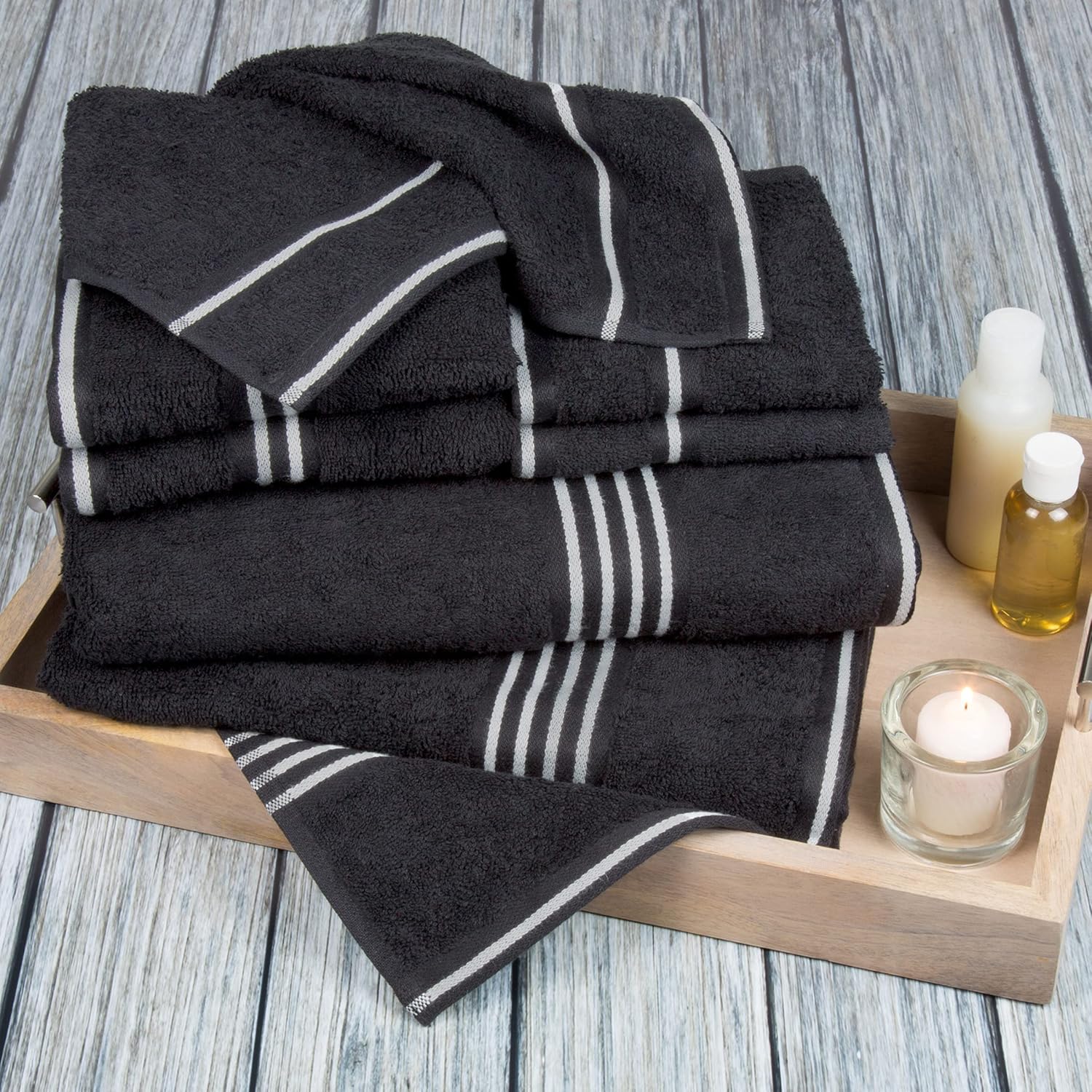 8PC Towel Set - 575GSM 100 Cotton Black Striped